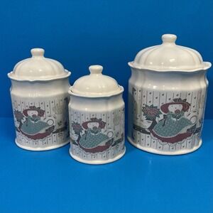 Vintage 1988 CHD Country Kitty Ceramic Canister Set of 3 - Blue Rose Cottagecore